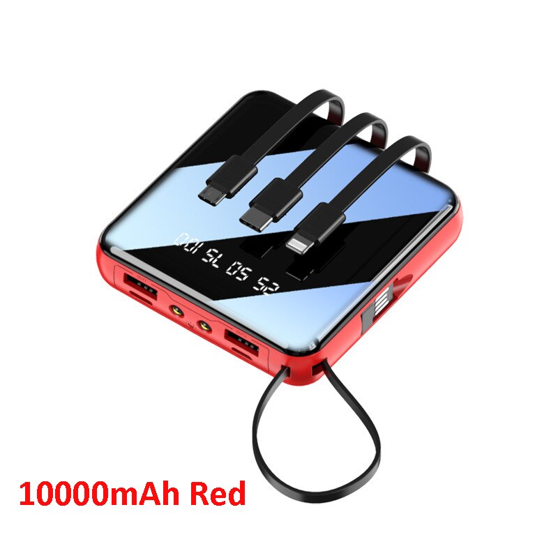 Mini Power Bank Built in 4 Cable 20000mAh Portable External Battery Charger Powerbank For Mobile Phone: 10000mAh Red