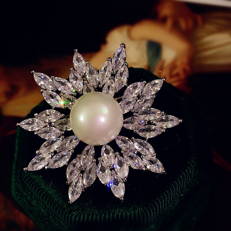 Broschen für damen,  s925 imitationsperlen, zirkonia, schneeflocken-schalnadel, brosche, korsagen, edler schmuck
