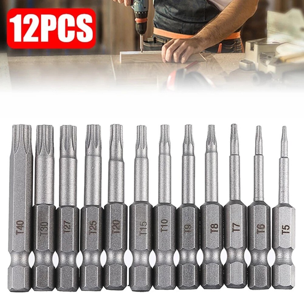 12Pcs 50mm Security Tamper Proof Screwdriver Bits Set 1/4&quot; Hex Shank Magnetic Torx Screwdriver Bit T5-T40