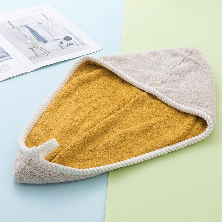 Hair Towel Thick Dry Hat Microfiber Turban For Lady Women Quick Drying Bathing Cap Set Towels Cotton Polyester Soft Shower Cap: Khaki yellow