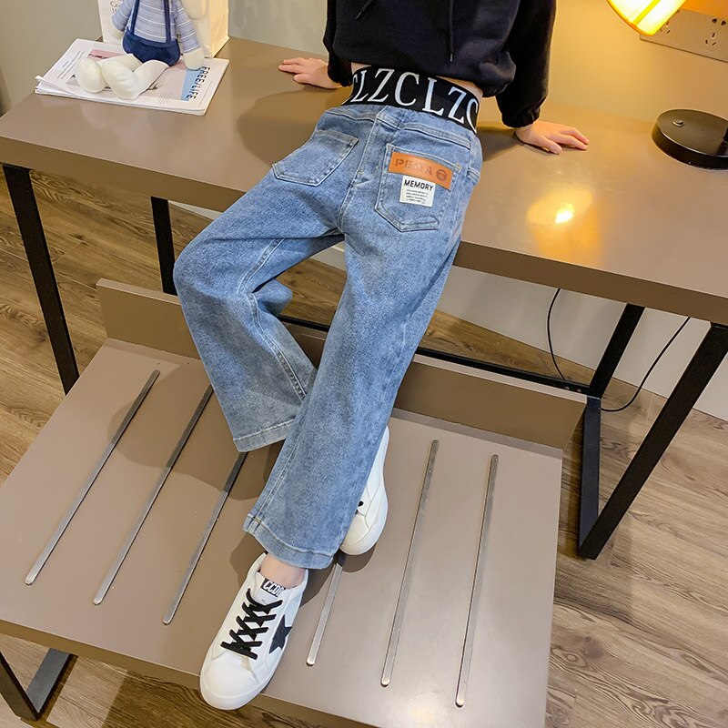 Stilfulde børnebukser piger jeans bogstavtalje straight jeans smarte frontlomme denim bukser med brede ben 4 6 7 8 9 10 11 12 år