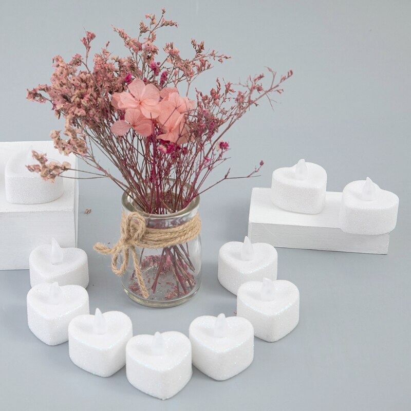 Velas LED con forma de corazón, vela eléctrica con purpurina, funciona con pilas, 6 piezas