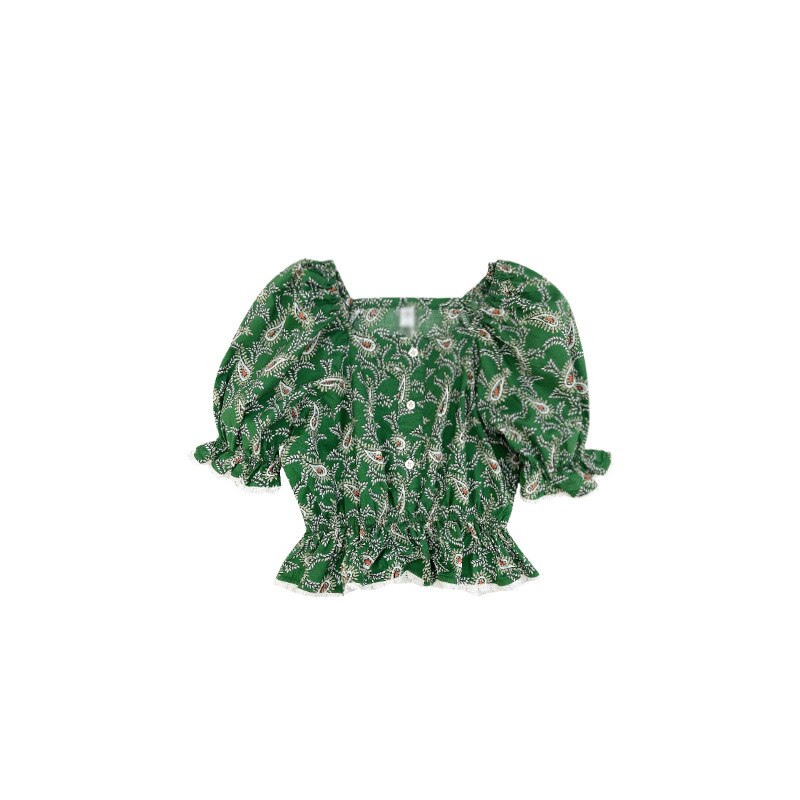 Summer Girls cute Feather embroidery short style blouses Kids square collar short sleeve Tops: 3T