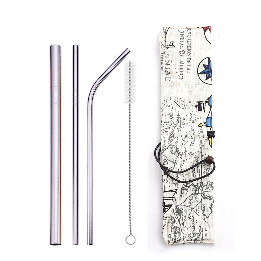 Reusable Metal Drinking Straws 304 Stainless Steel Straw Bent Straight Smoothies Straw with Cleaning Brush Bar Party Accessory: silvery-bag6