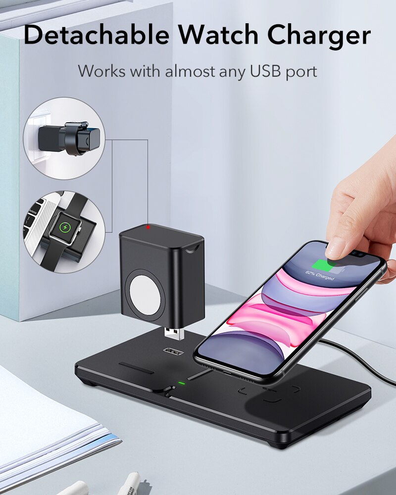 ESR Wireless Charger for iPhone 12 11 Pro Max for iWatch 5 4 3 Airpods Pro Fast Charger Detachable 2 in 1 Wireless Charging Pad