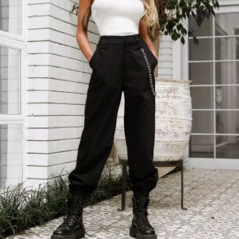 Brand Women's Patchwork Cargo Trousers Pants Solid Punk Sporty Style Loose Long Sports Baseball Pants With Chain: XXL / Black