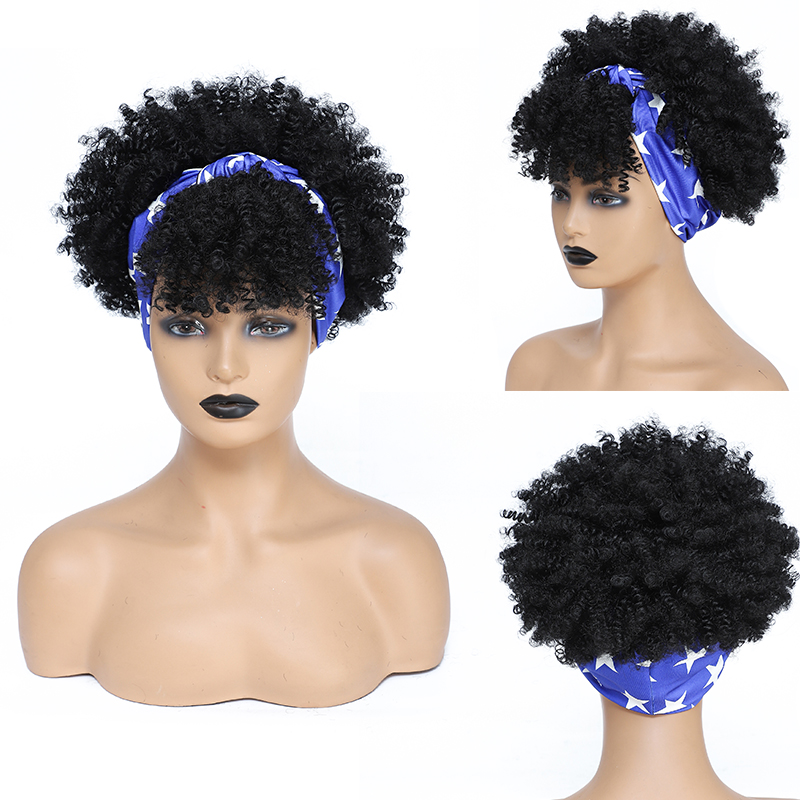 Afro Kinky Curly Headband Wigs Short Fluffy Curly Scarf Wig with Bangs Natural Synthetic Afro Curly Head Band Wig Cosplay: T27/30/4