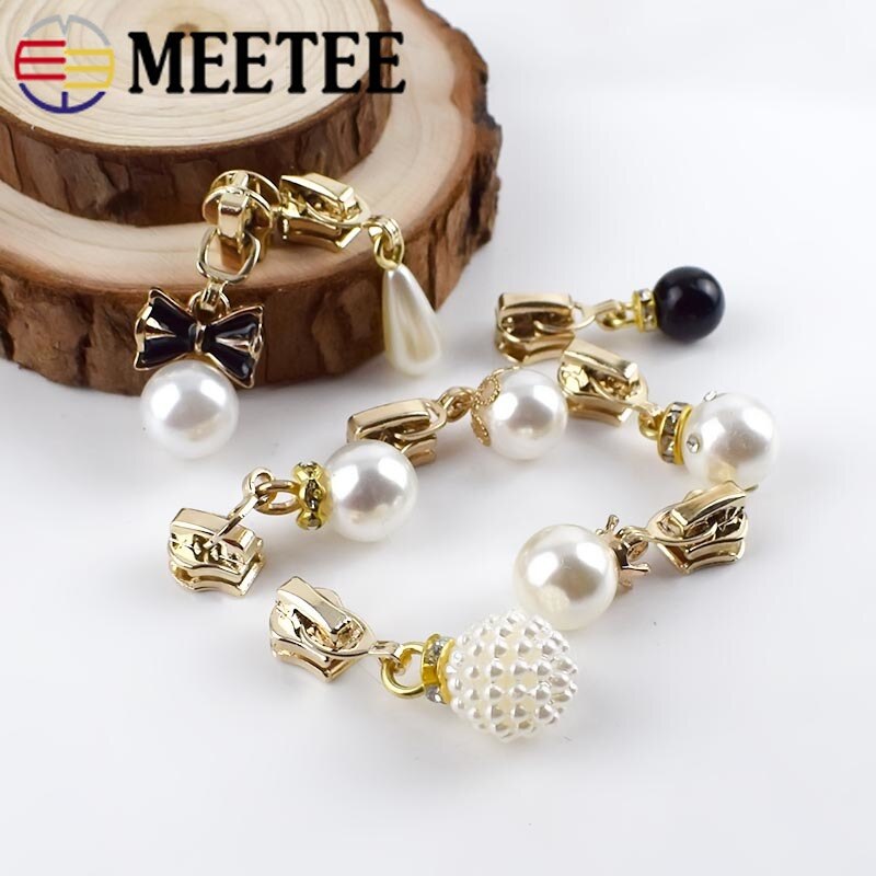 10pcs Meetee 3# Pearl Puller Zinc Zipper Slider for Metal Zippers DIY Bag Costume Decoration Zip Silder Head Sewing Accessories