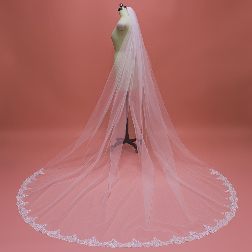 Nuovo Arrivo 3 Metri di Lunghezza Da Sposa In Pizzo Velo con il Pettine Bianco Avorio Uno Strato Cattedrale Velo Da Sposa Accessori Da Sposa