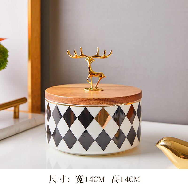 Ceramic Storage Jars Black and White Grid Porcelain Storage Jar Golden Deer Cover Tea Canister Coffee Pot Organizer: 14cm x 14cm