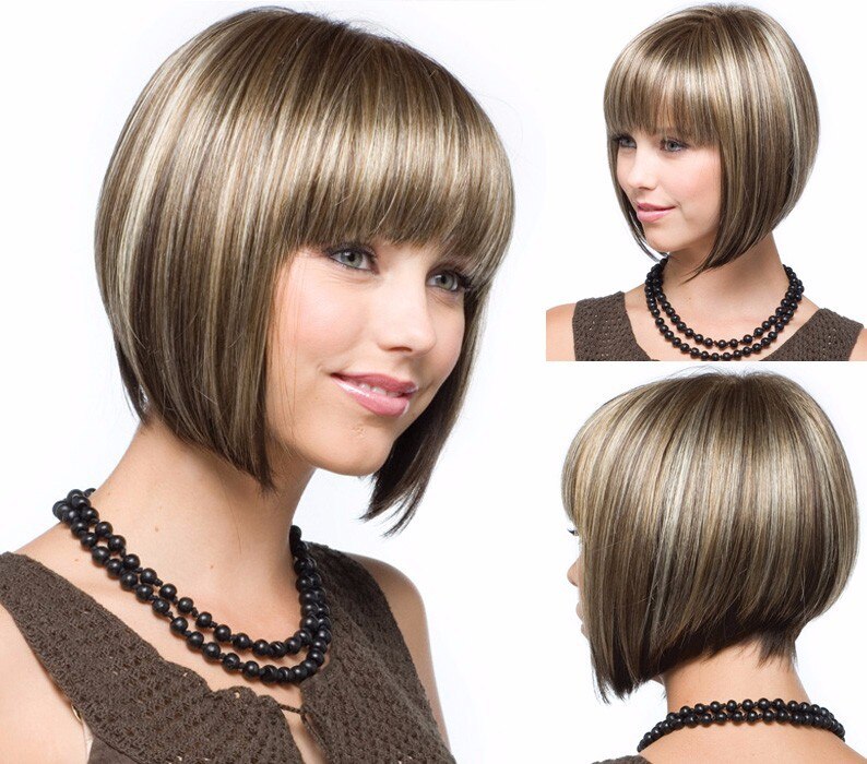 Grillige W Synthetische Korte Bob Rechte Pruiken Blonde Kleur Pruik Voor Vrouwen Natural Hittebestendige Haar: brown blonde