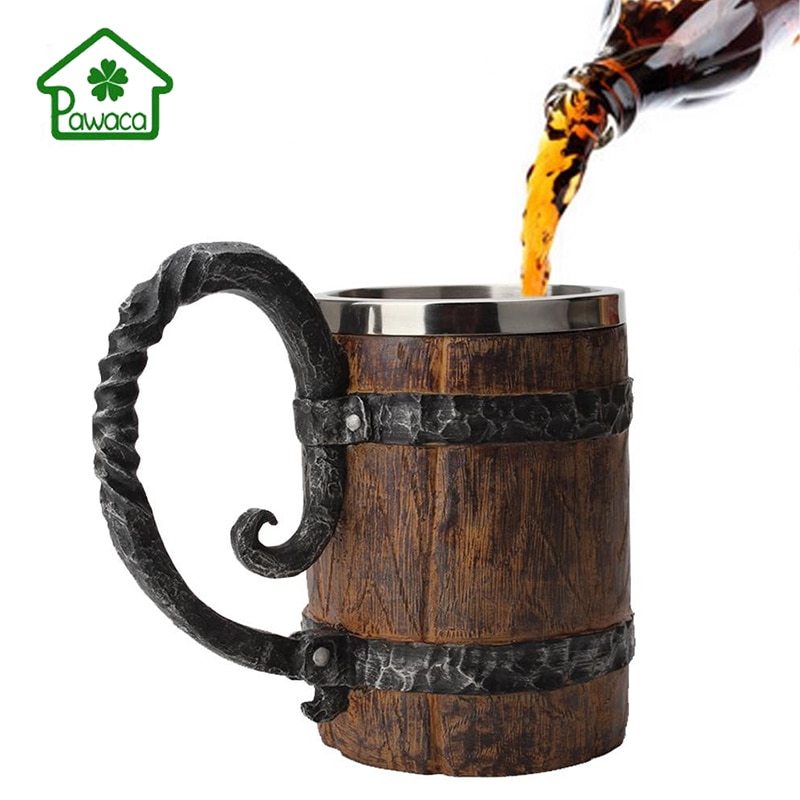 3D Magic Wooden Barrel Shape Mug stainless Steel Beer Coffee Cups Medieval Epic Culture Memorial Mug Bar Party Drinkware Cups