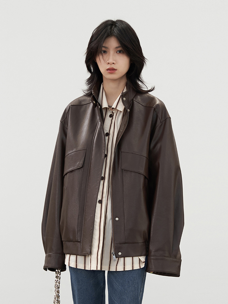 Lautaro-oversized PU-leren jas voor dames, verlaagde schouder, lange mouw, ritssluiting, bruin, zwart, cool, unisex kleding, lente: L / CAMEL