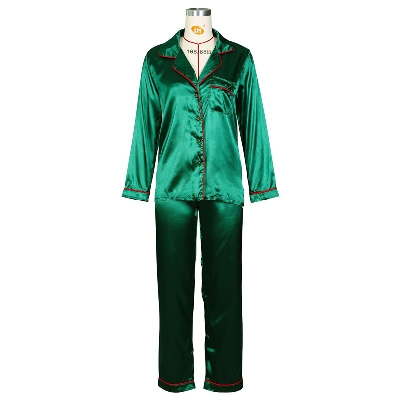 Langærmede enkeltradede bukser jakkesæt satin damedragter løse kvindelige dyb v skjorte + lige bukser 2- delt sæt outfits: Grøn / L