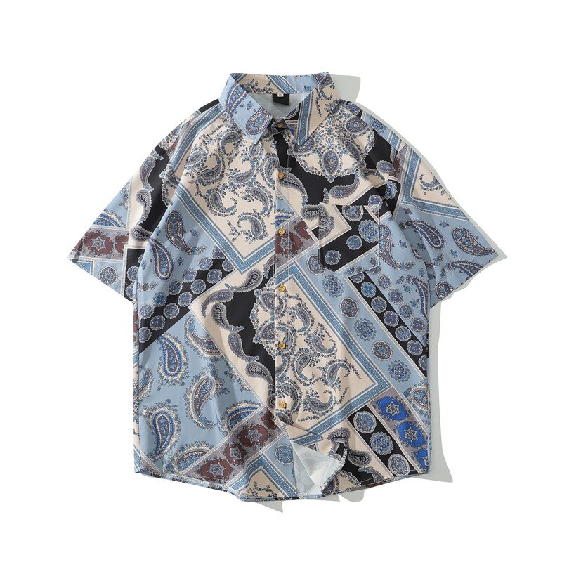 Mørkt ikon fuld printet hawaiiansk skjorte mænd turn-down krave herreskjorte sommer mand tøj: Blå / Xl