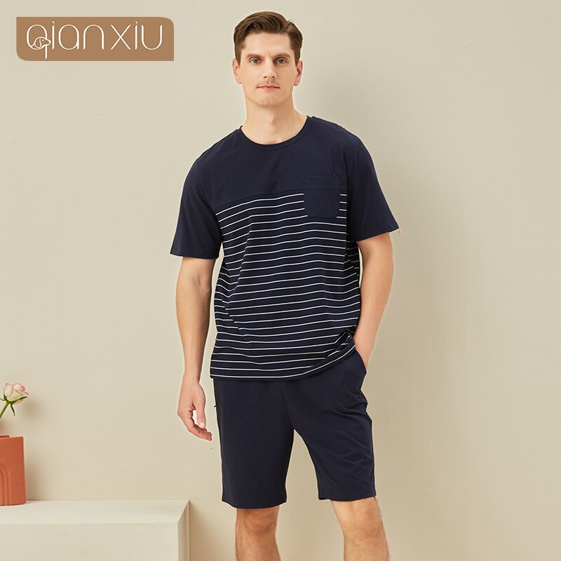 Men's short sleeve striped home suit men's knitted cotton pyjamas set men's pyjamas 2101