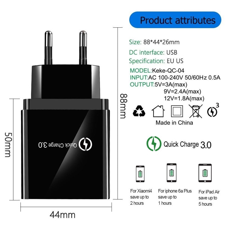 XEDAIN EU/US 4 Port USB Charger Quick Charge Mobile Phone Wall Chargers Cable for iphone X XR Huawei Xiaomi Samsung