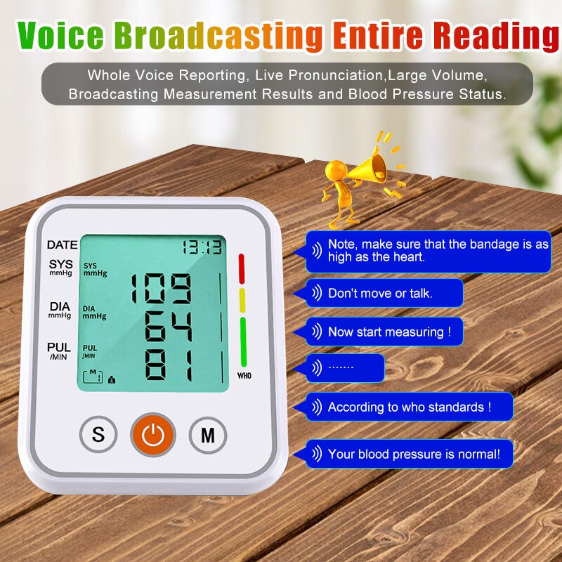 Voice Cuff Arm Blood Pressure Monitor Presure Meter Heart Rate Monitor Portable Tonometer BP Arterial Pressure Device Digital