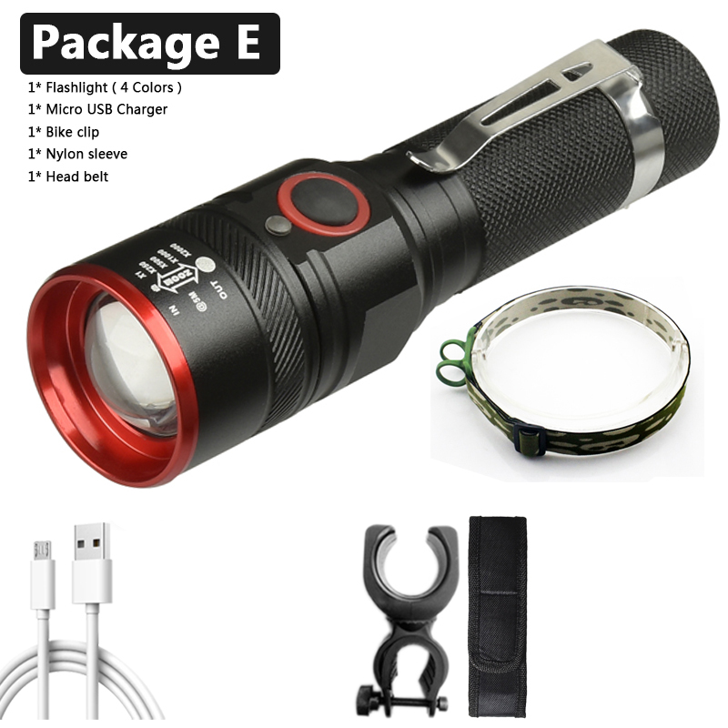 XM-L-linterna Led T6 recargable por USB, batería de 18650, 3000LM, de aluminio, resistente al agua, 3 modos, para ciclismo, Camping, Litwod: AAA / Rojo