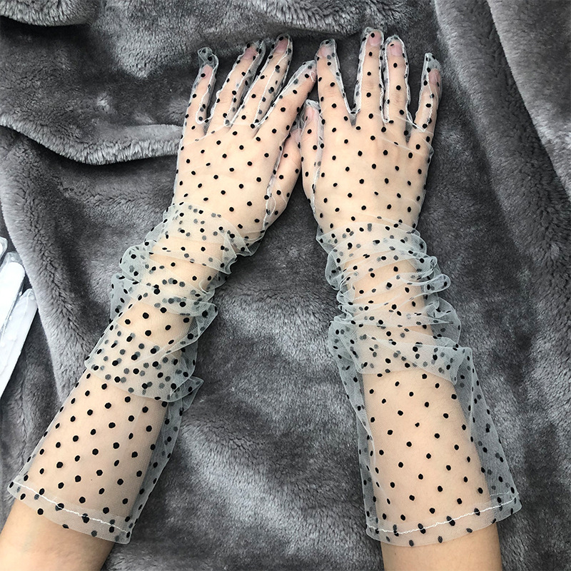 Gants en Tulle pour femmes, 1 paire, transparents, courts, imprimés à pois, noirs, blancs, en maille, pour soirée en Club, robe de danse,: F-60x8cm
