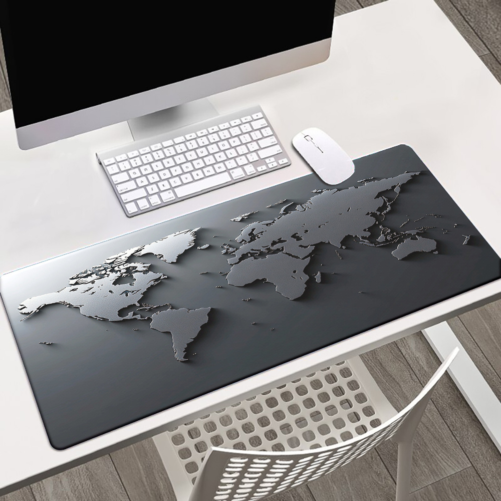 Tapis de souris multifonctionnel avec polymère HD, tapis de jeu pour bureau et maison, matériau en caoutchouc souple pour les joueurs, carte du monde grise, clavier, média, 40x90cm