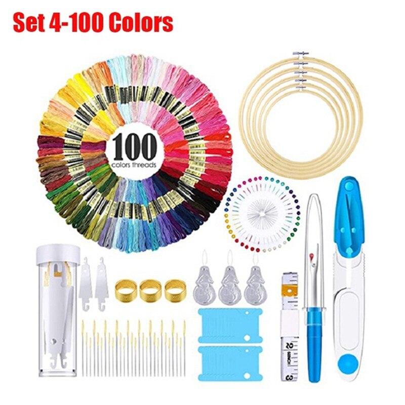 Embroidery Cross Stitching Punch Needle Starter Kit Magic Embroidery Pen Punch Needle,Embroidery Hoops,Cross Stitch Cloth,Thread: Set 4-100 Colors