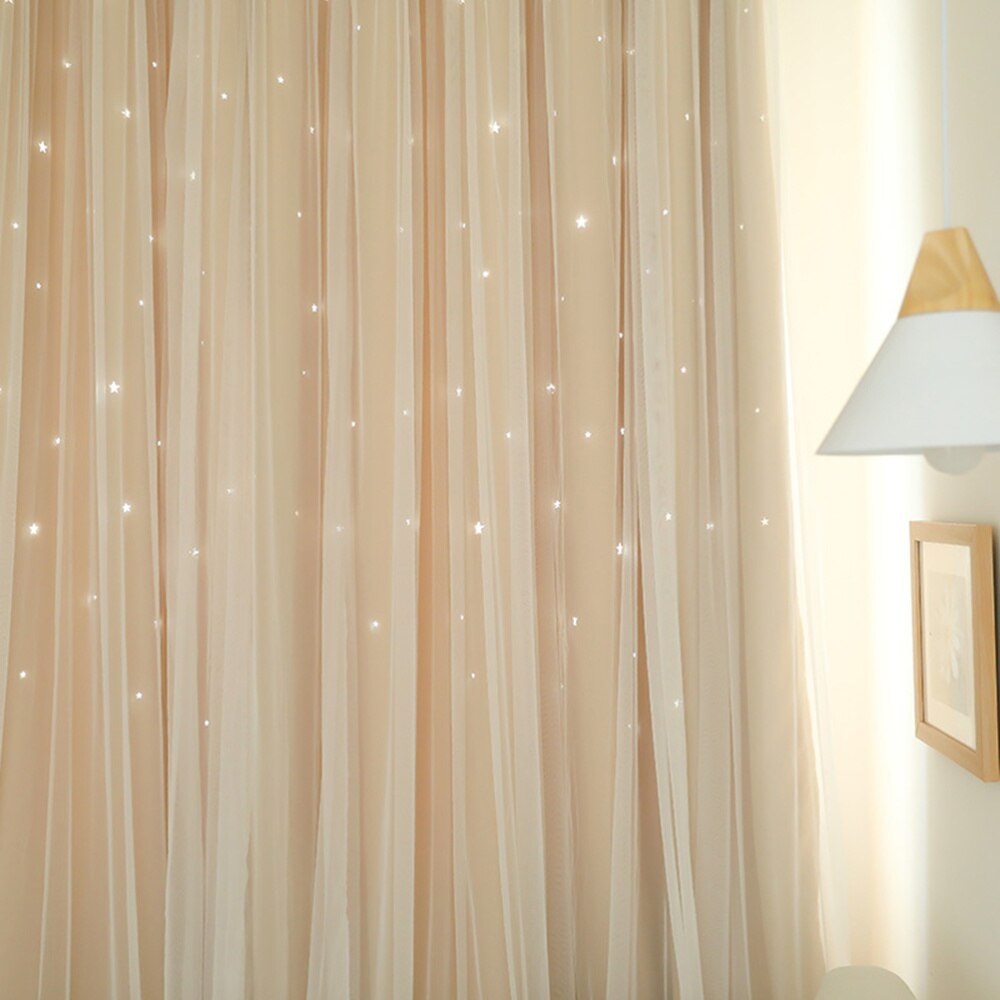Cortinas con estrellas, doble tela y gasa, grises