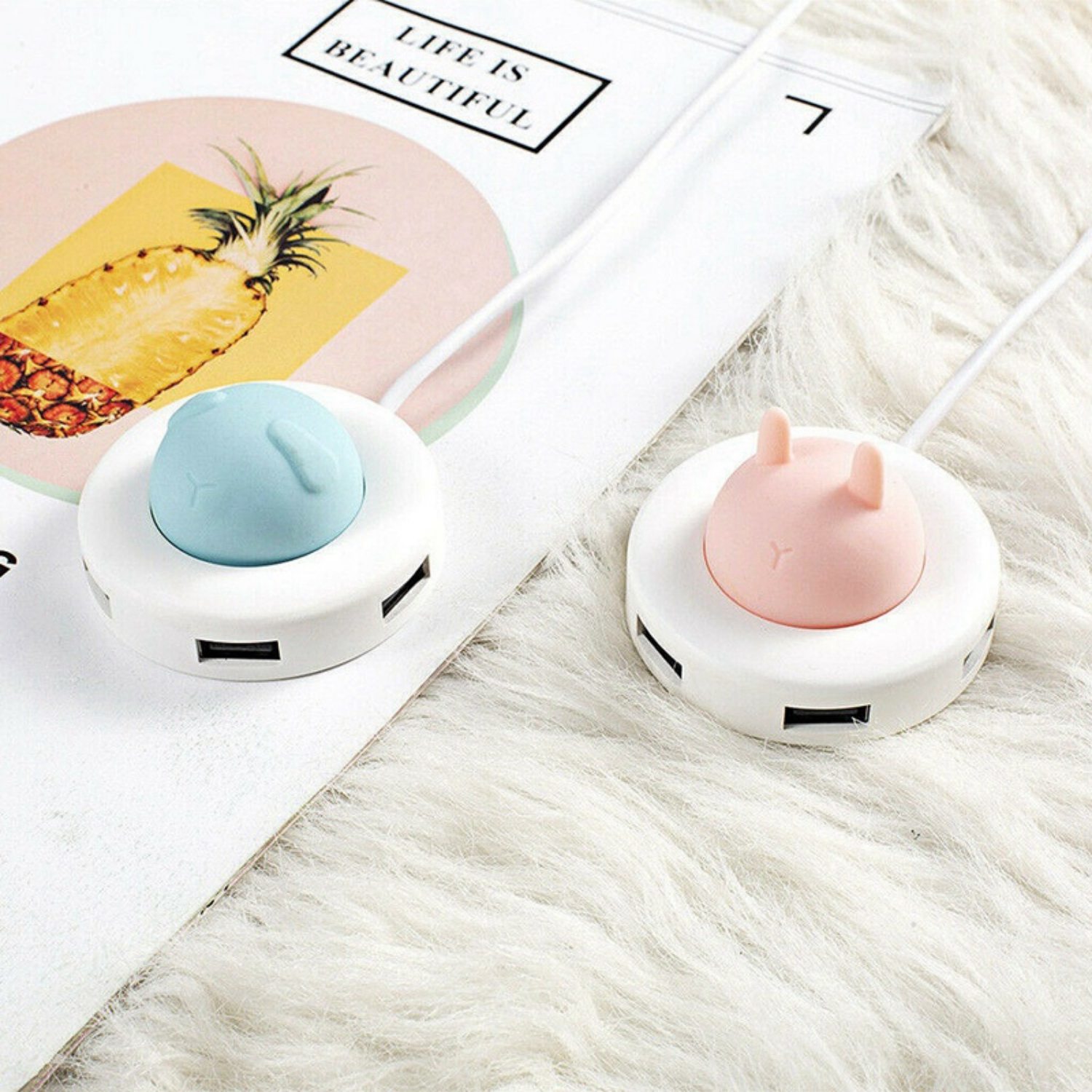 2x USB Night Light Hub Portable Atmosphere Night Light Hub Extender 4 Port USB Splitter Cable Cartoon(Pink&Blue)