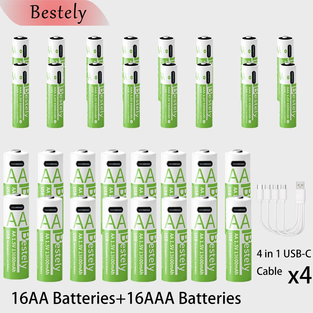Neue 1,5 V AAA 6800 mAh + AA 13600 mAh wiederaufladbare Lithium-Batterien Schnelllade-USB-Li-Ionen-Akku 2000 Zyklen mit USB-C-Kabel