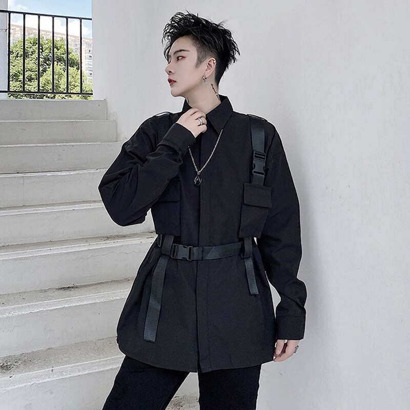 Mężczyźni czarny biały Techwear punk pasek na ramię koszula z długim rękawem człowiek Harajuku klasyczny wstążka w pasie koszule koszulka Homme