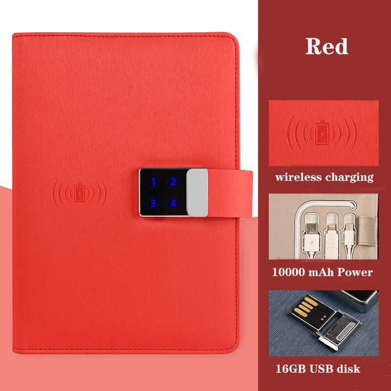 smart notebook password lock notepad wireless charging tape U disk charging intelligent digital touch password lock notebook: Red