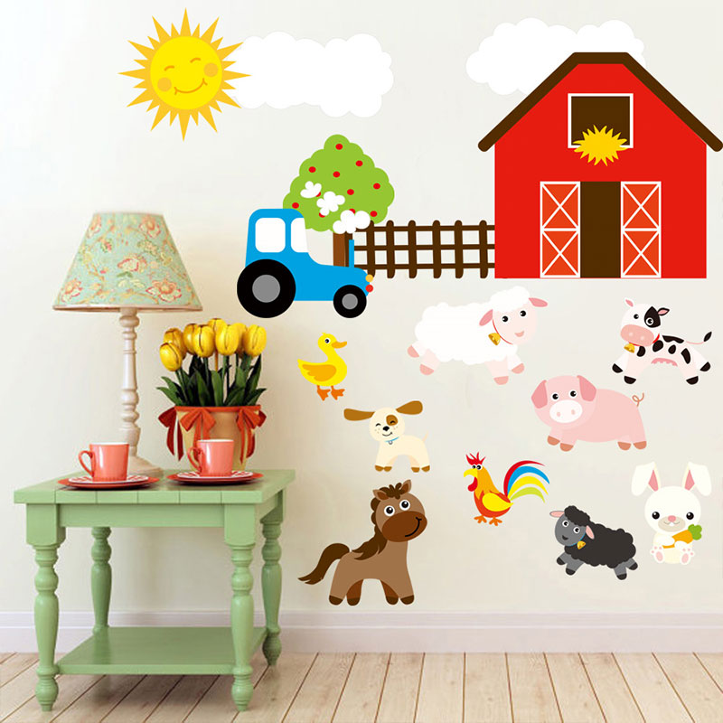 Pegatinas de pared con de granja para decoración del hogar, pegatinas de dibujos animados para dormitorio de bebé, cocina, sala de estar, Tigre, León, coche, cerdo, conejo