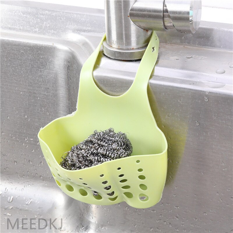 1pcs kitchen rack faucet sponge drain rack hanging adjustable snap button hanging bag sink storage hanging basket: green-1