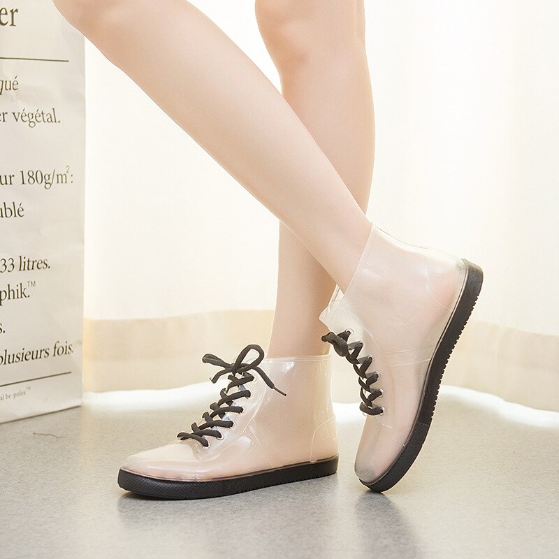 PVC Frauen transparent Regen Stiefel Gummi Spitze hoch Frauen Stiefeletten Wasserdicht lässig Komfort Damen Stiefel Schuhe: transparent Schwarz