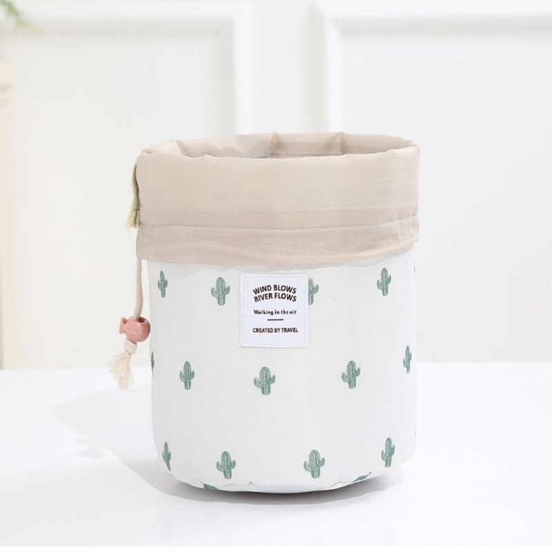 Women makeup bag Drawstring Cosmetic Bag Round Travel Organizer Make Up Case Storage Pouch Toiletry Beauty Kit Necessaries: cactus