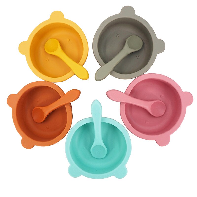 Chenkai 5Set 9 Color Baby Feeding Bowl Bear Shape Food Grade Silicone Anti-Flip Suction Tableware Infant Waterproof Bowl Spoon
