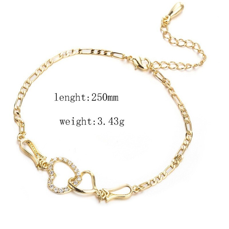 Doreen Box Anklet Heart Cubic Zirconia Gold Silver Color On Foot Ankle Bracelets For Women Leg Jewelry 25cm Long, 1 PC