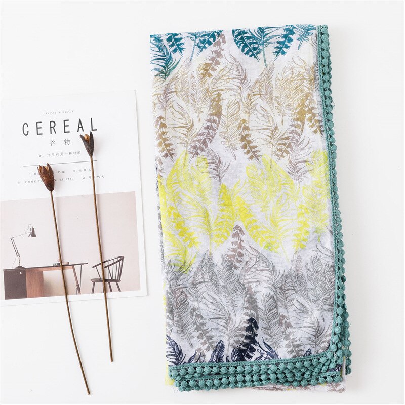 Sparsil-foulard en coton et lin femme | Longue écharpe, imprimé floral, court gland doux, enveloppes d'été, Protection solaire, échalotes de plage: 6Tree Leaf
