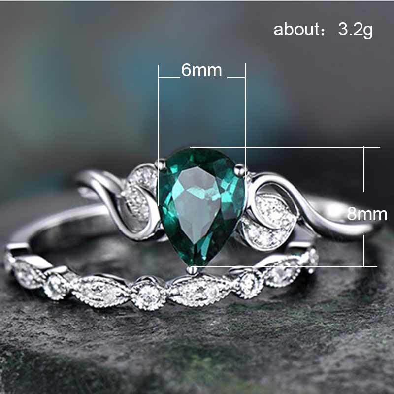 Conjunto de 2 anillos para mujer, anillos de cristal de circonita verde para mujer, anillo de compromiso con forma de agua, joyería de aniversario de europea