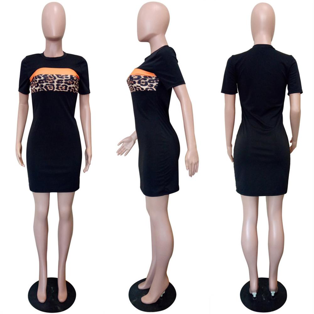 women summer stripes leopard print short sleeve o-neck mini casual dress steetwear dresses vestido GLD8295