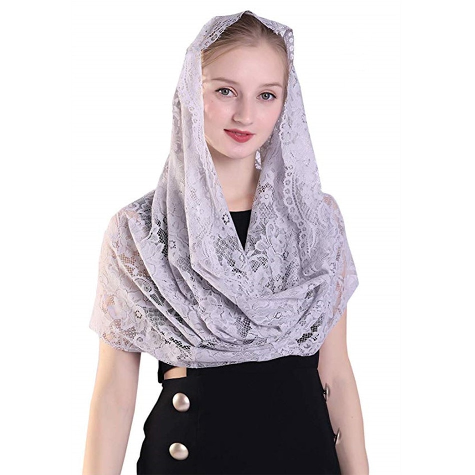 Ishsy grå blonder kvinner katolsk slør mantilla for kirke hodedekke latinsk messe mantilla de novia negra kapell uendelig slør