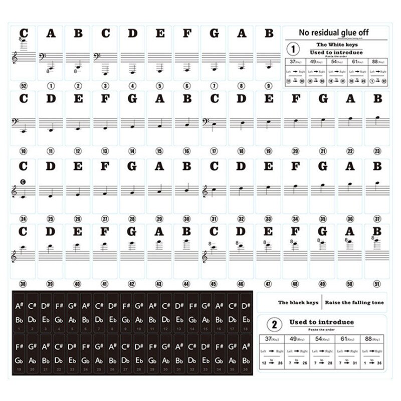 Transparent detachable music decal notes piano keyboard stickers 37/49/54/61/88 key electronic piano spectrum sticker symbol: B
