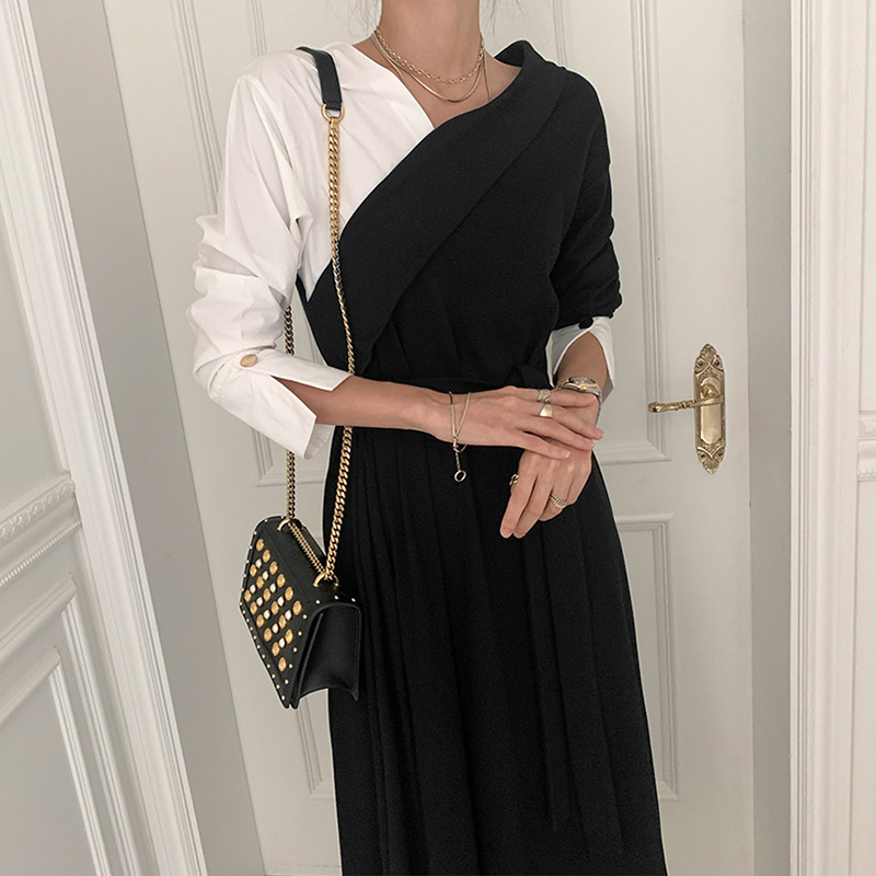Robe longue en Patchwork de couleur pour femmes, col en v, épaules dénudées, manches longues, style coréen avec ceinture, Vintage B719
