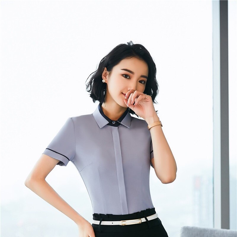Summer Formal Women Blouses & Shirts Gray With Tie Short Sleeve Ladies Office Uniform Styles Blouse Female Clothes