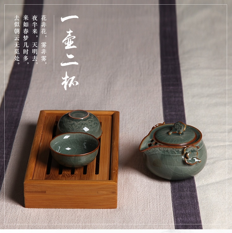 Kina keramisk longquan celadon bærbar kung fu gaiwan te sæt en gryde og to tekop tekop tekande