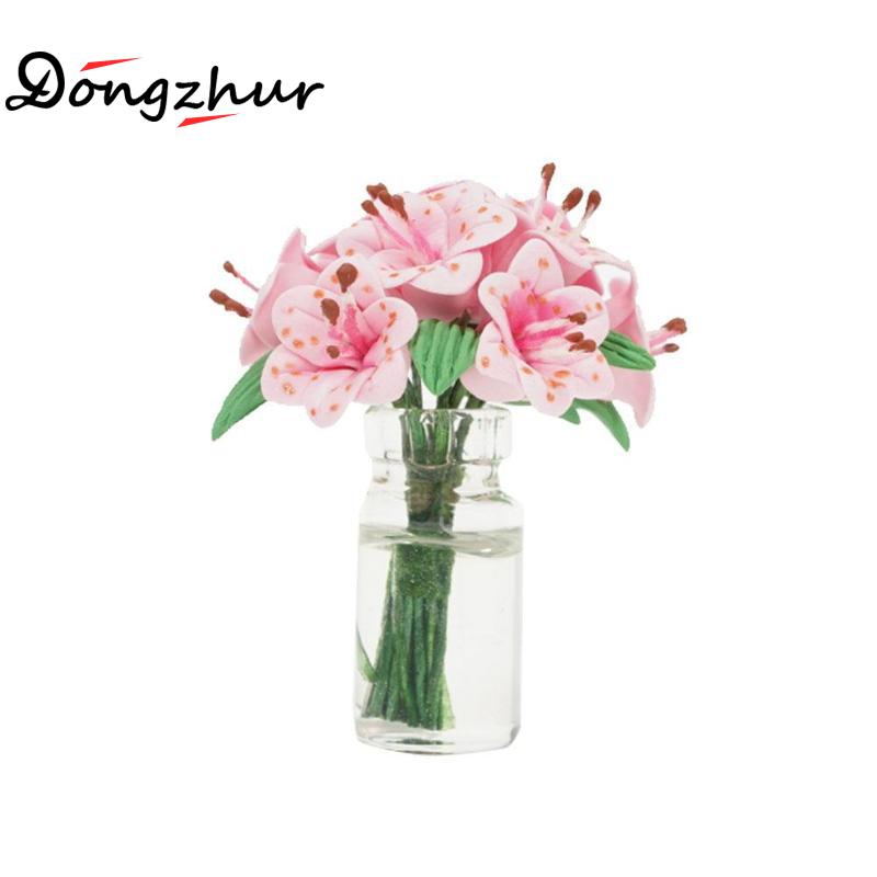 1:12 Puppenhaus Zubehör Mini Rosa Lilie Blume Modell Spielzeug Puppe Haus Schlafzimmer Szene Blumen- Dekoration Rosa Lilie Vase Modell spielzeug