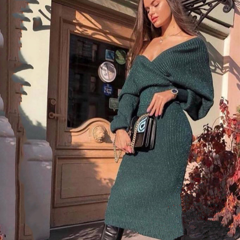 V-neck Knitting Sweater Women Set 2 Piece Pullovers Skirt Outfits For Women Suit Casual Shoulder Off Top Pack Hip Women Set