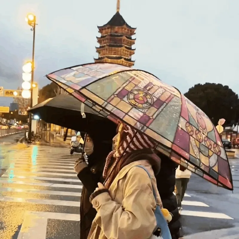 Paraguas transparentes pintados a mano con estampado de vitral, mango largo, sombrilla romántica Unisex para protección solar y lluvia