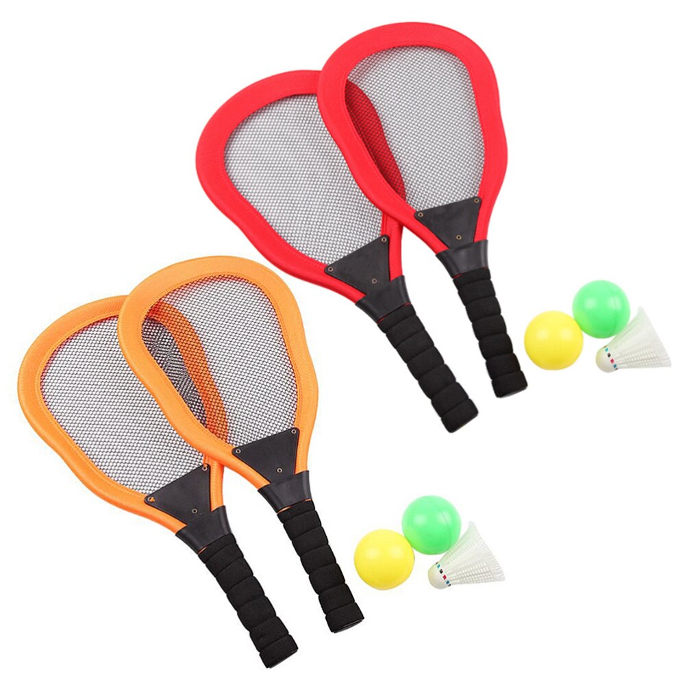 5Pcs Sport Kinderen Doek Art Tennisracket Badminton Strand Racket Kids Outdoor Benodigdheden (Rood 2 Stuks Racket + 1Pc Badminton