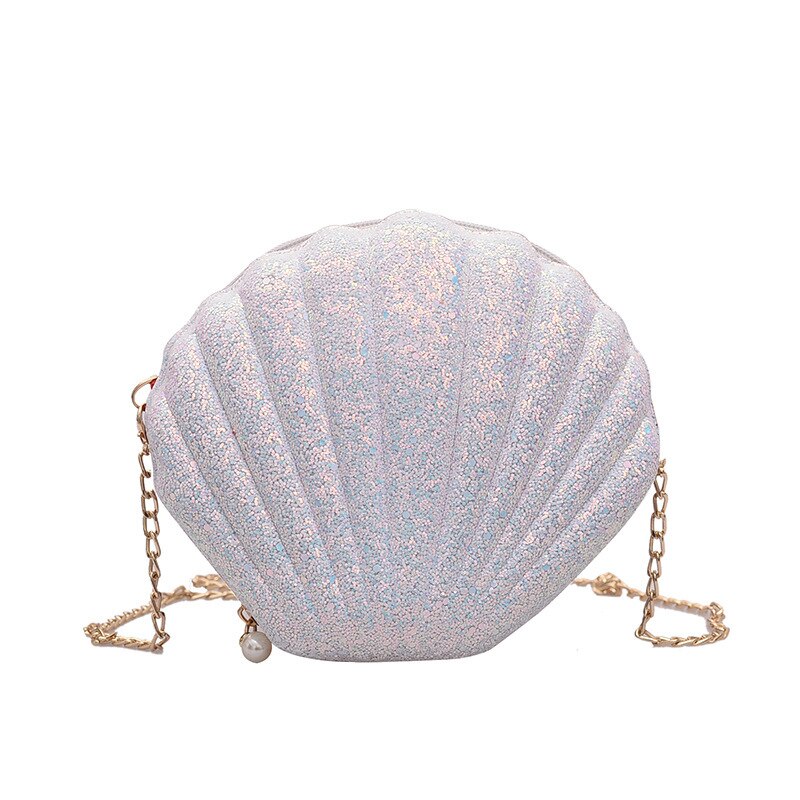 Bolso de hombro con lentejuelas y cadena para mujer, bandolera de piel sintética con forma de concha,: White